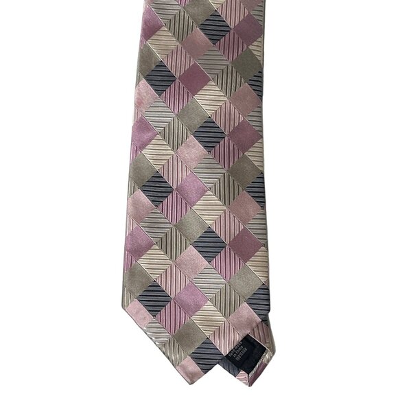 Geoffrey Beene Tie Mens Silk Necktie Pink Gray Plaid Work Business Career Office - Picture 5 of 12